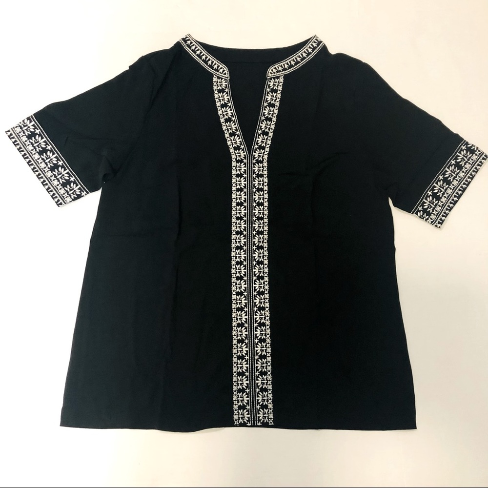 Boho Black With White Embroidery V-Neck Top - Picture 2 of 5